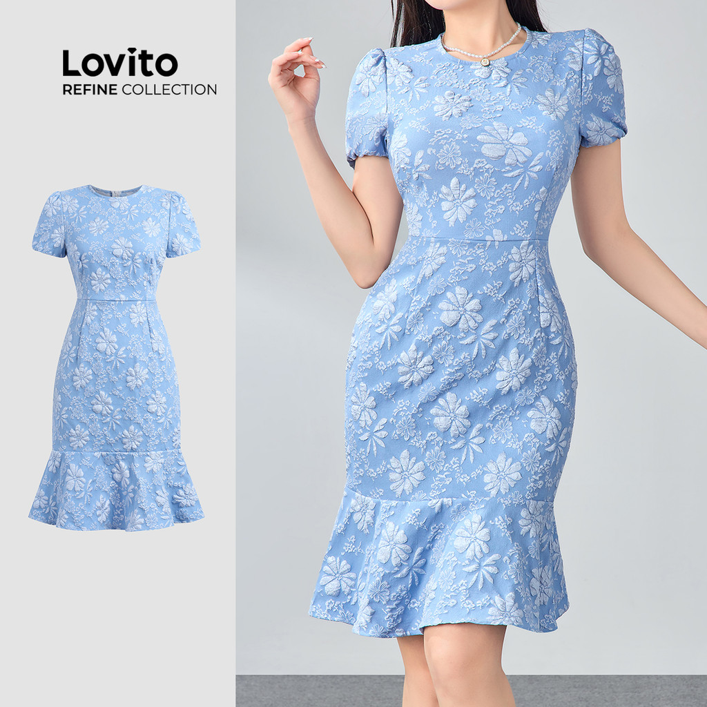 (Lovito Refine) Vestido Azul Elegante Com Zíper Liso Para Primavera/verão Para Mulheres LR11ED001