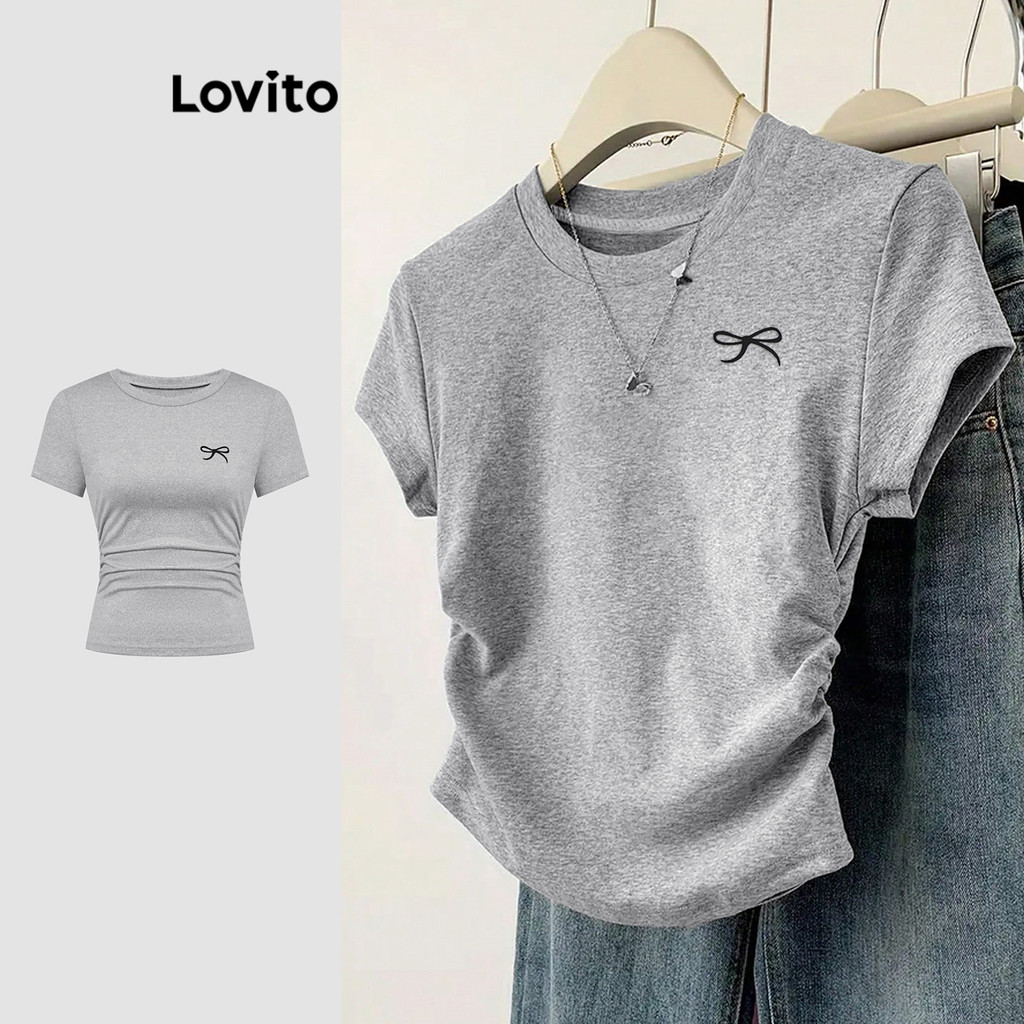 Lovito Camiseta Fofa Com Laço Liso Frontal Plissada Para Mulheres L114AD717 em Oferta na Shopee