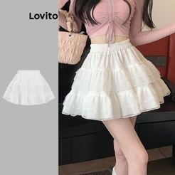 Lovito Branca Casual Saias Fofas Saia De Malha Contrastante De Renda Lisa Em Camadas Para Mulheres Bordado L106AD927