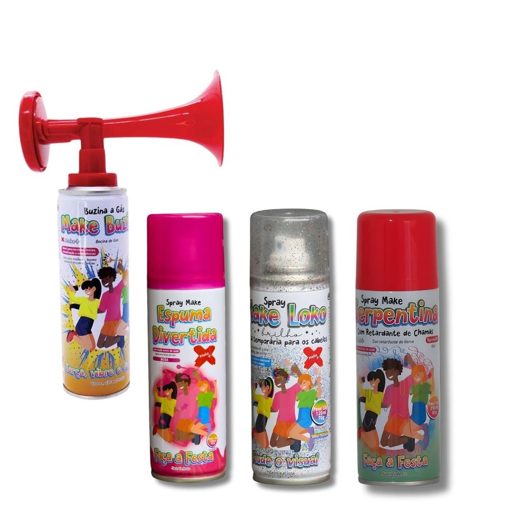 KIT COMPLETO ESPUMA SPRAY ROSA LATA + TINTA CABELO E CORPO GLITER+ SERPENTINA VERMELHA +BUZINA A GÁS