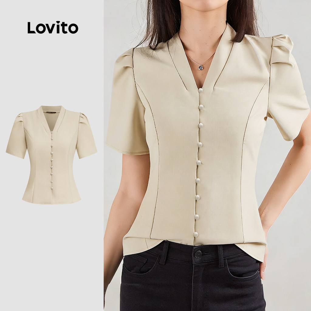 Lovito  Blusa Casual com Botões Frontal Modelagem Slim Primavera/verão Blusa Damasco para Mulheres L172ED953 em Oferta na Shopee