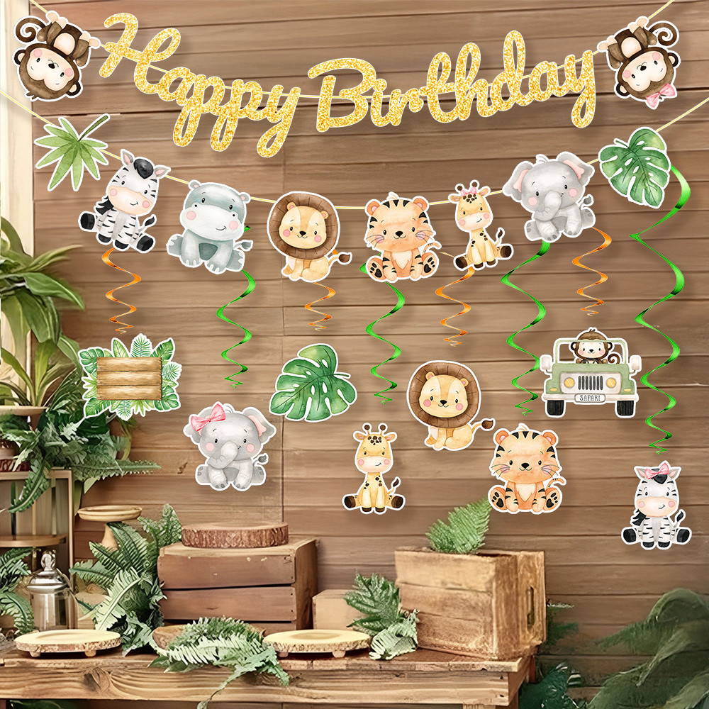 GeeParty Jungle Safari Feliz Aniversário Banner Espiral Pendurado Decorações Embalagem De Cupcake Para Crianças Necessid — imagem 2 de 2
