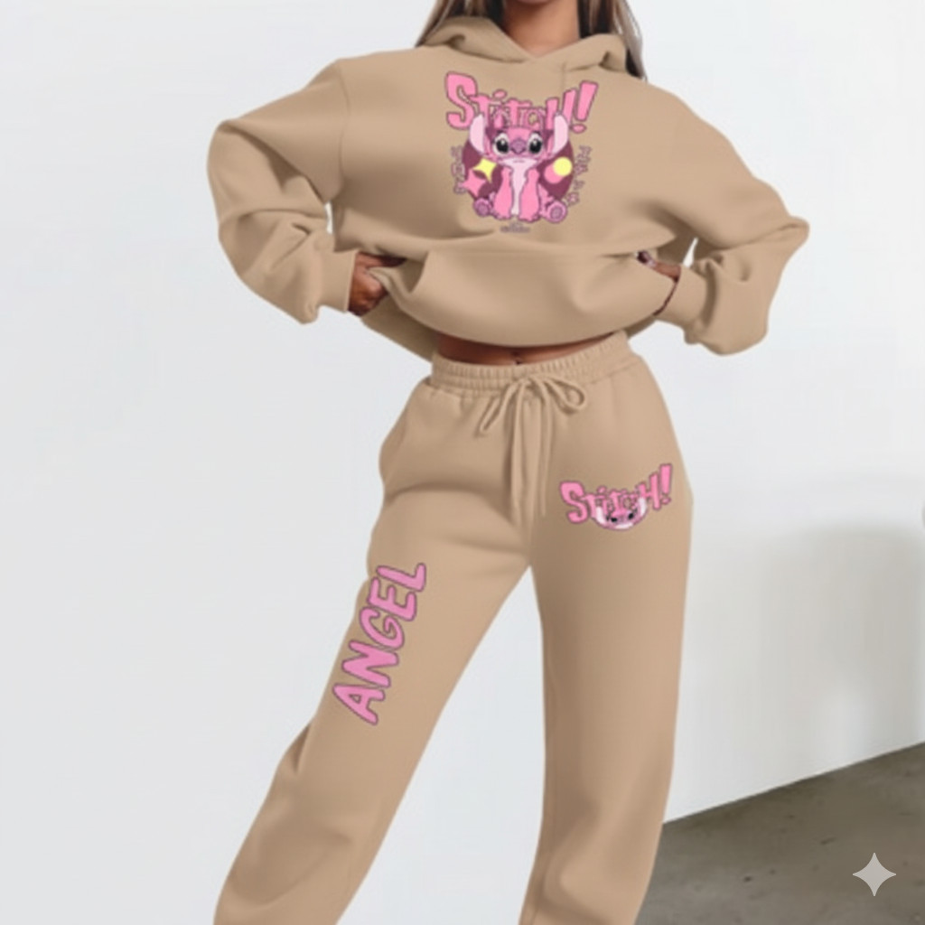 Conjunto Moletom Feminino Inverno Blusa Canguru E Calça Moletom Lilo Stitch Angel Rosa Blue Fofo