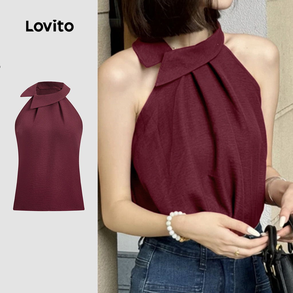 Lovito Camiseta Casual Assimétrica Cor Vinho Para Primavera/verão Ideal Para Mulheres LK2AD468 em Oferta na Shopee