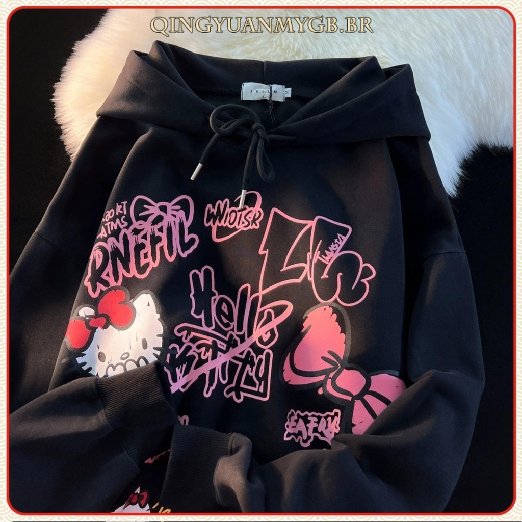 Moletom Canguru Unissex Desenho Animado Japonês Bonitinho Hello Kitty  Moda Casual Maré em Oferta na Shopee