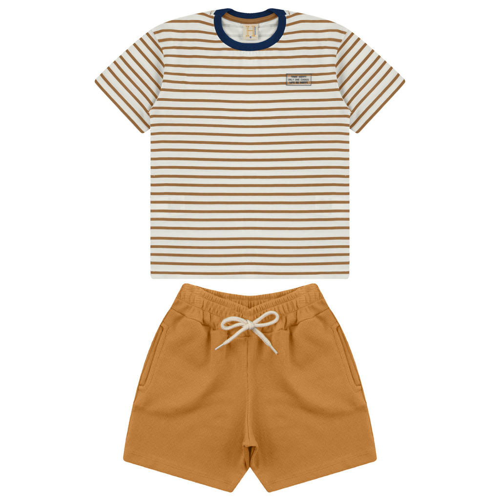 15150 Conjunto Infantil Masculino Camiseta Listrada Meia Malha Bermuda Caramelo Moletinho Favo
