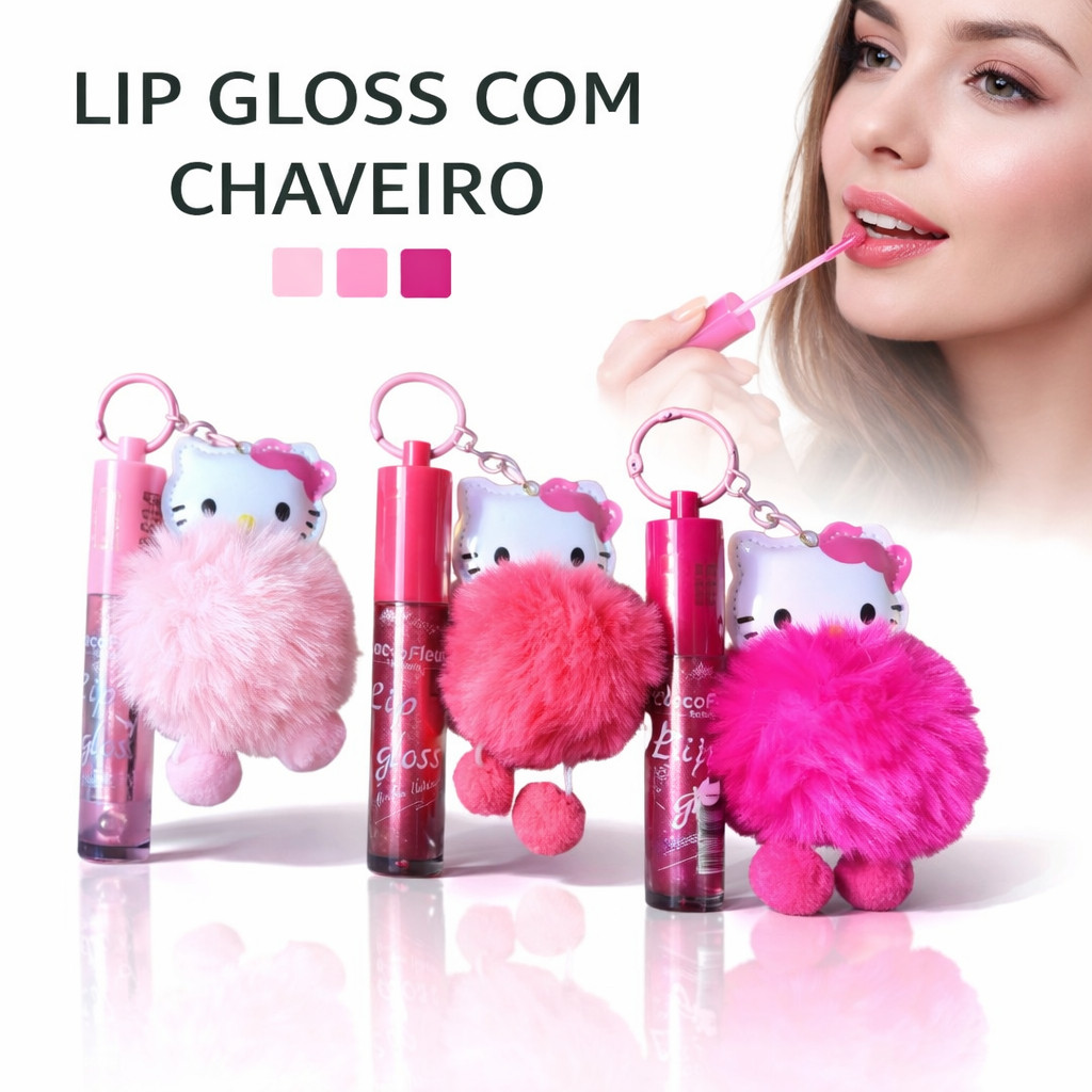 CocoFleur Lip Gloss com Chaveiro Gatinho PomPom 8ml Hidratante Brilho Labial Fofo Portátil