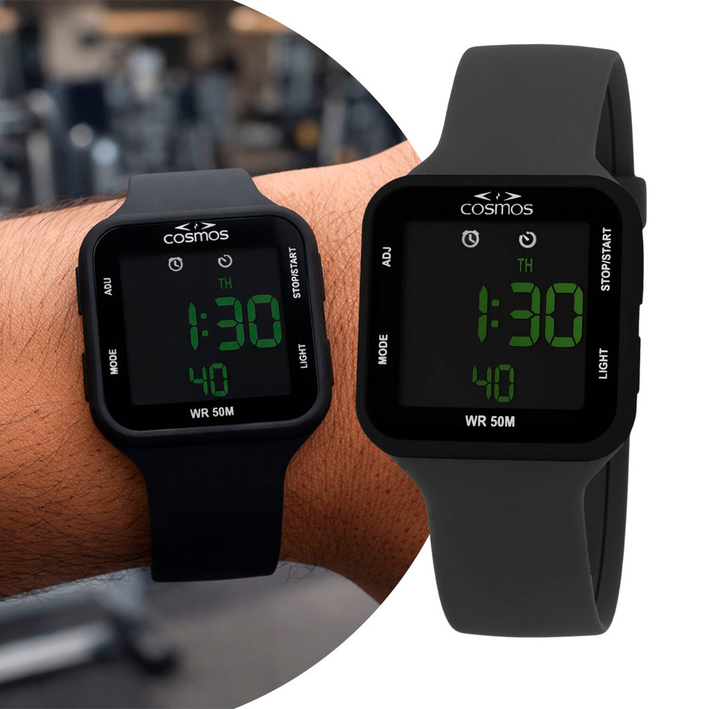 Relógio Masculino Digital Preto de Pulso com Pulseira de Silicone à Prova D' Água Quadrado Prova D Água Cosmos Original
