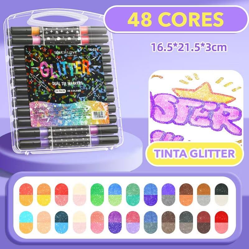PONTA DUPLA COM GLITTER 24/48 CORES em Oferta na Shopee
