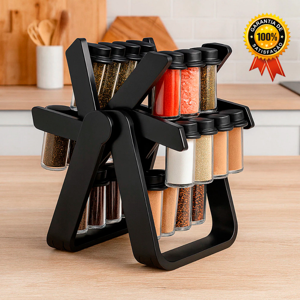 Porta Temperos Giratório com 18 Potes de Vidro • Porta Condimentos com Tampa Dosadora Prática em Oferta na Shopee
