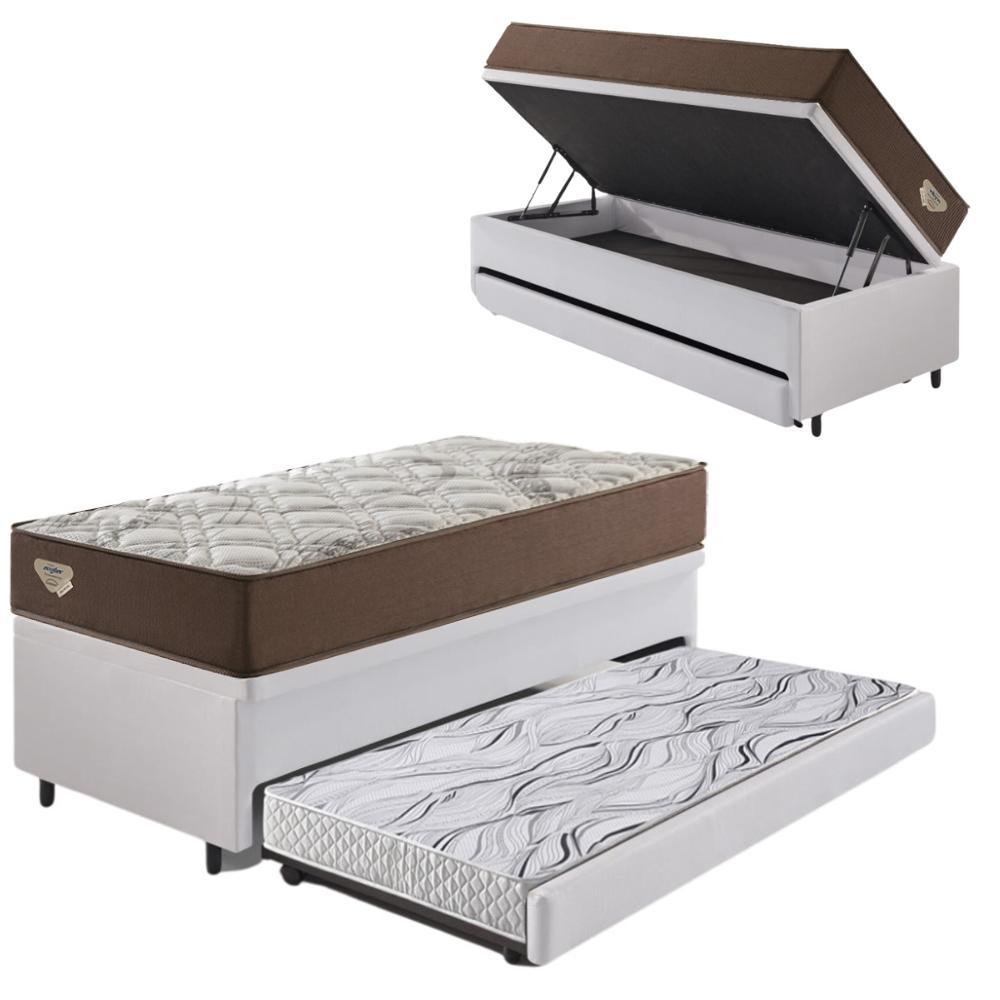 Bicama Box Baú com Courino Linho Branco 96x203 com Colchão Relax Adorabile Molas Ensacadas Ecoflex