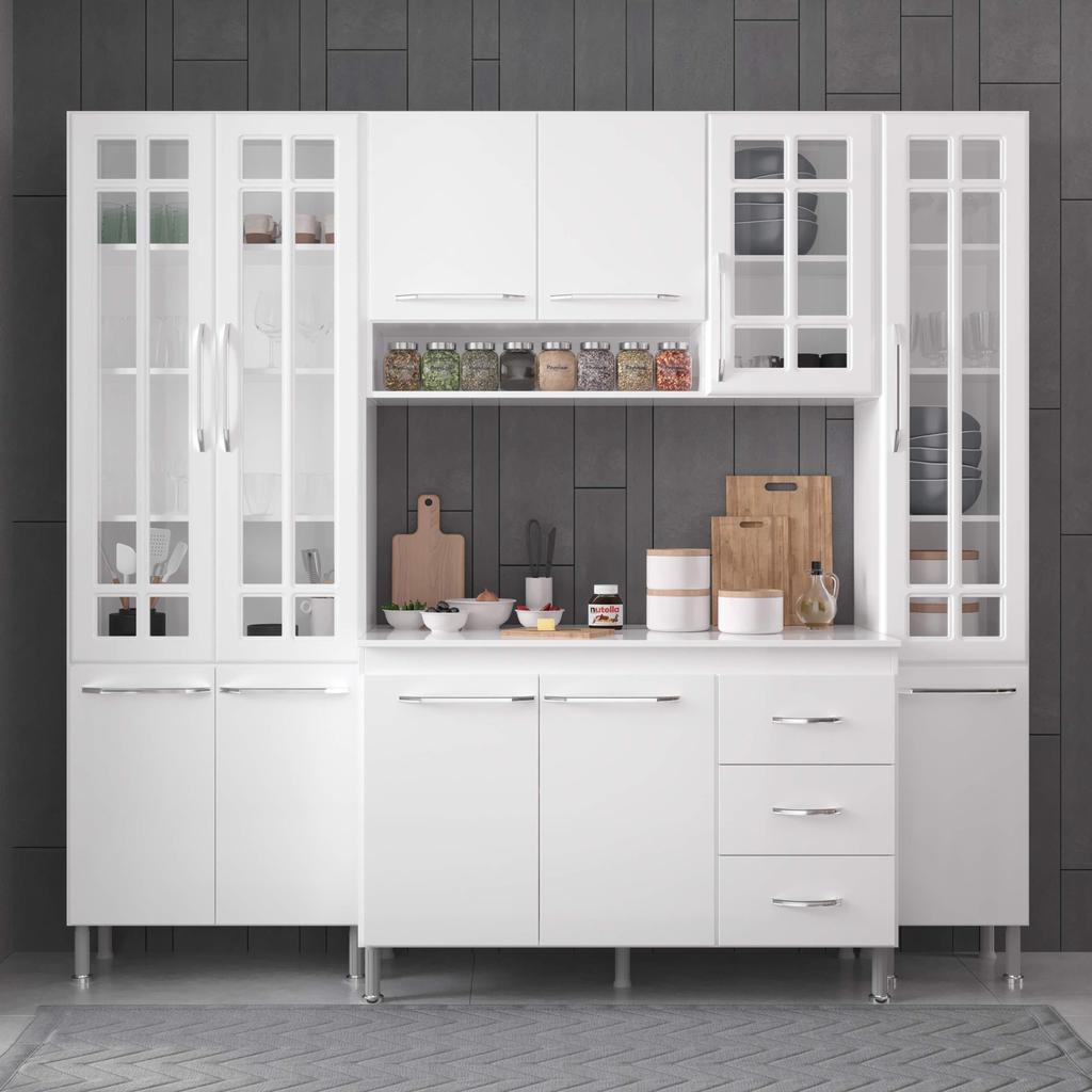Cozinha Modulada Compacta Fidelitá Viena 4 Peças 225cm 11 Portas 3 Gavetas Com Tampo Branco em Oferta na Shopee