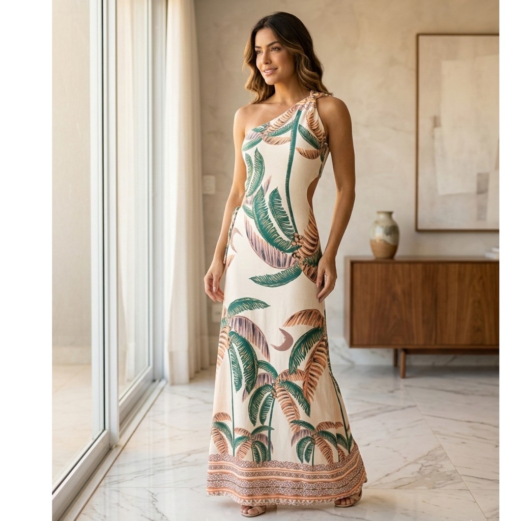 Vestido Longo Malha Sofisticado Chic Confortavél Único Patricinha Festa Barzinho  Coqueiro Tropical