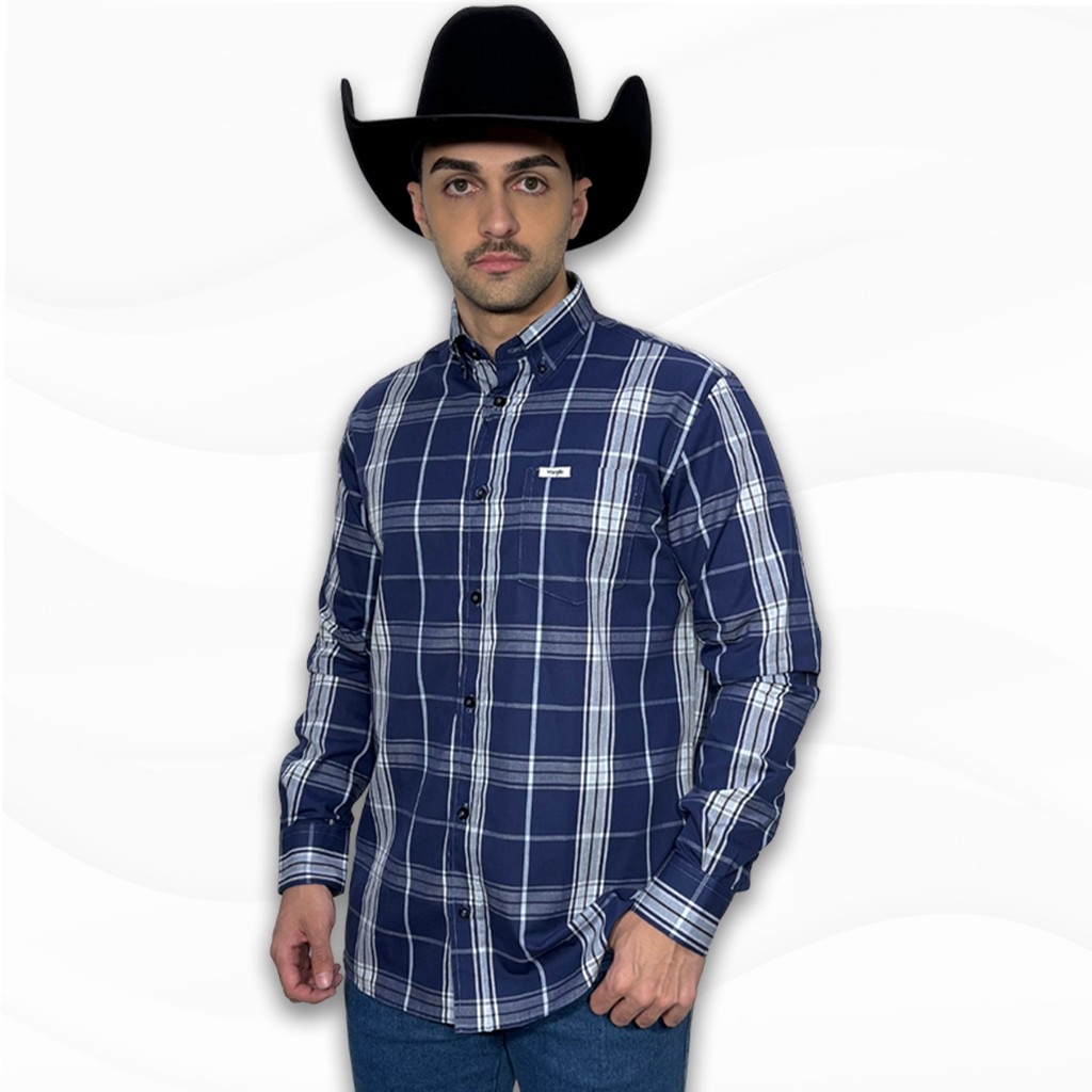 Camisa Xadrez Wrangler Manga Longa Original Azul Rodeo New