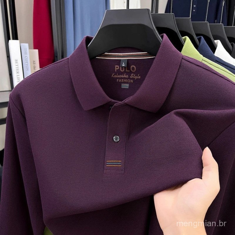 Camisa Polo Masculina de Manga Longa 100% Algodão Respirável - Estilo Casual de Negócios Clássico com Gola de Algodão pa