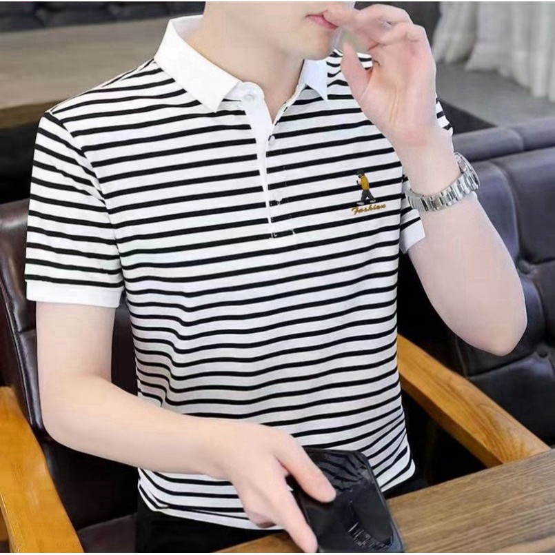 Camisa masculina listrada de manga curta em estoque pronto Camisa masculina listrada de lapela Top Casual camisa de fund
