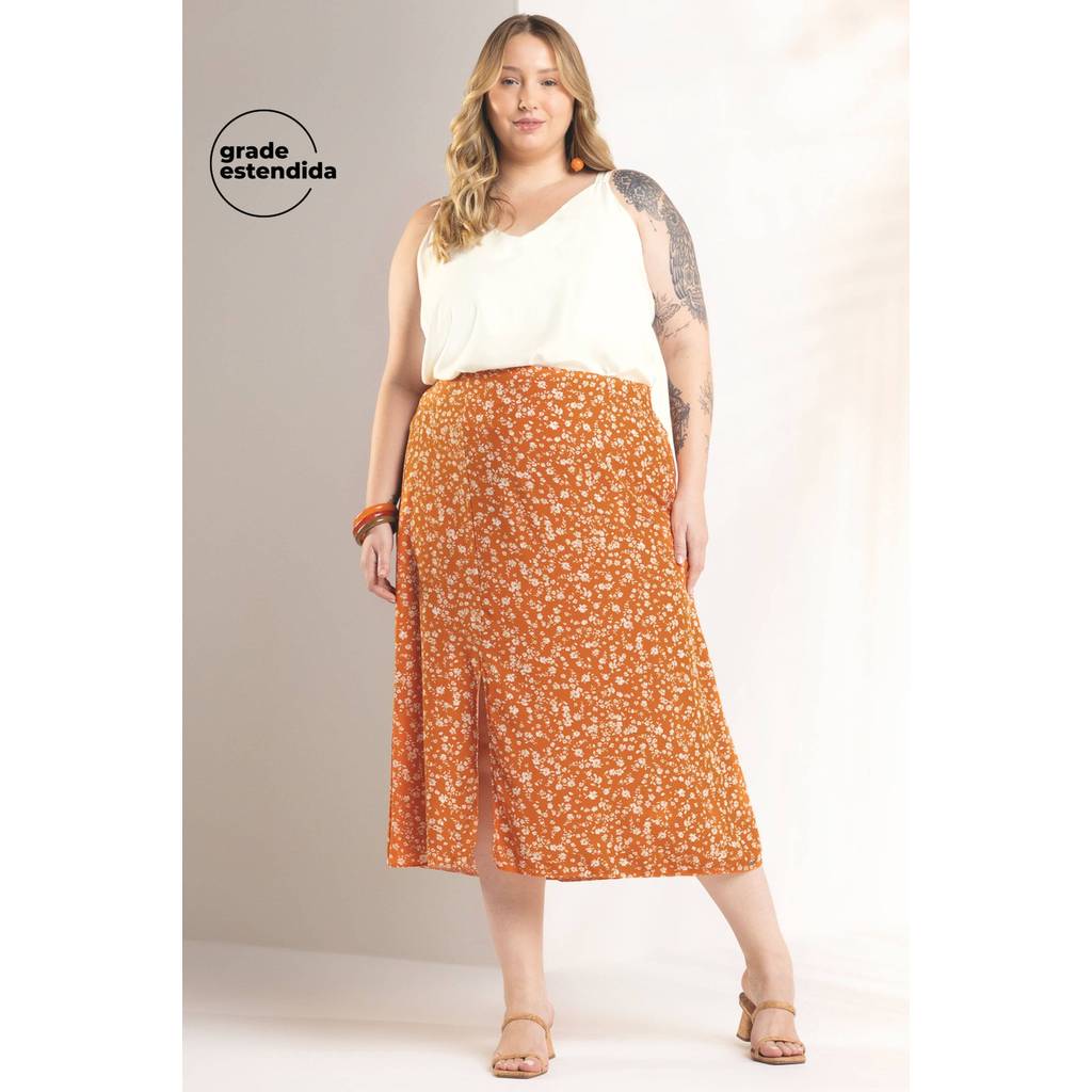 Saia Feminina Floral Miudo Marialícia Laranja em Oferta na Shopee
