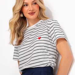 Blusa Listrada Em Malha De Algodão Com Bordado De Coração Quintess