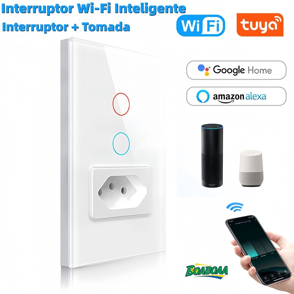 Interruptor Inteligente WiFi com Painel de Vidro Touch 2 Botões + 1 Tomada Compatível com Tuya Alexa e Google