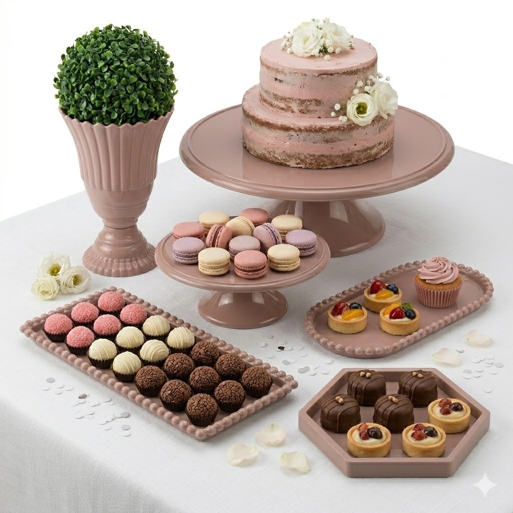 Kit Mesa Provençal 6 Peças para Festa com Boleiras, Bandejas e Vaso 20cm COR Exclusiva Noz-moscada! em Oferta na Shopee