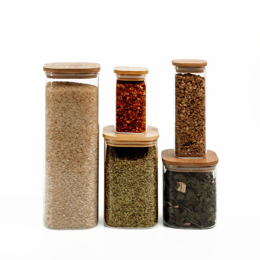 Kit de Pote Hermético de Vidro Quadrado com Tampa de Bambu 5 Peças - Oikos