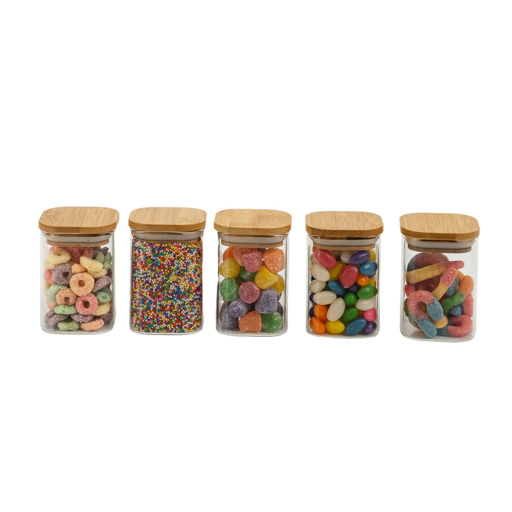 Kit de Pote Hermético de Vidro Quadrado com Tampa de Bambu 5 Peças - Oikos