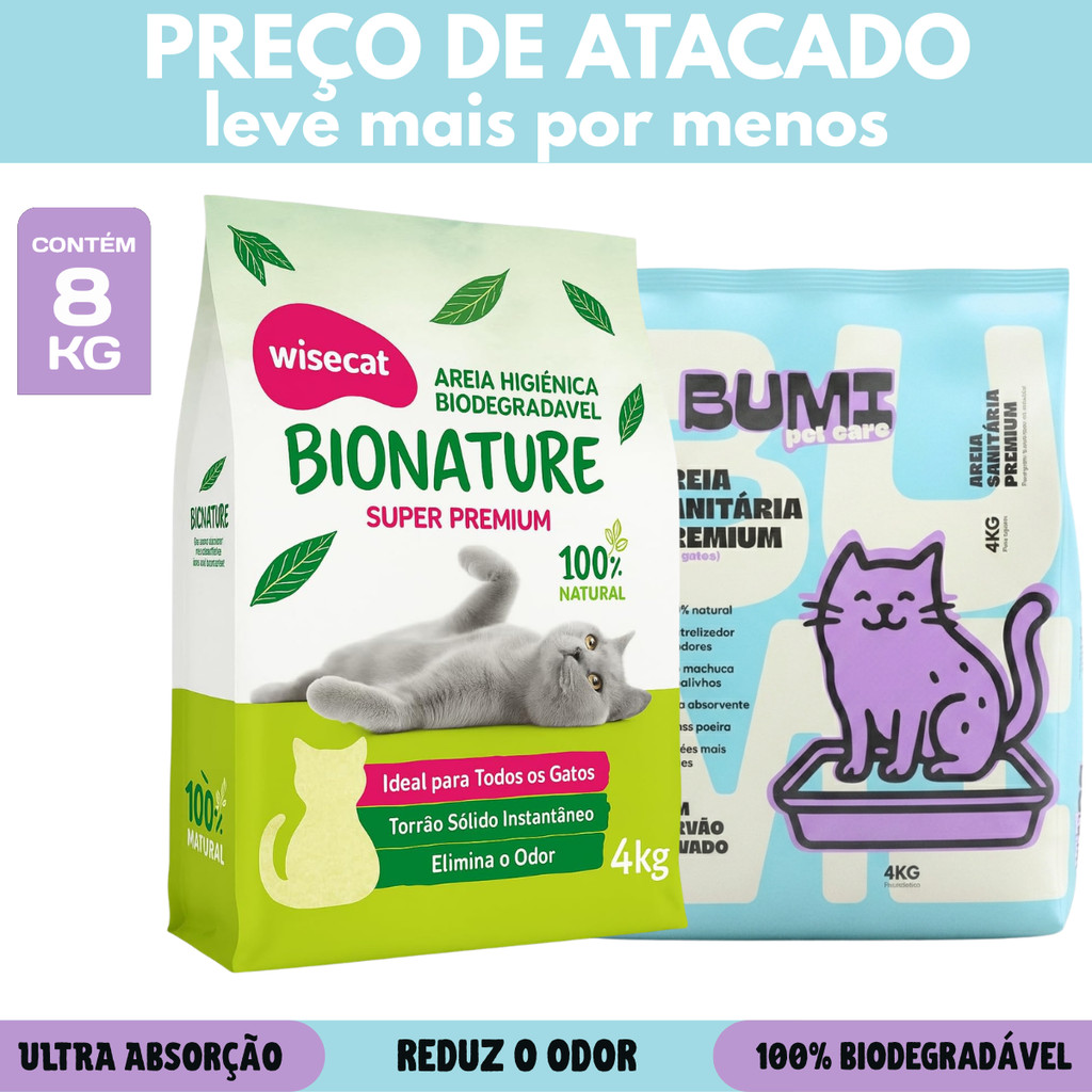 Kit Areia de Gato Biodegradável Wisecat Média + Bumi Pet Fina Carvão Ativado 8kg