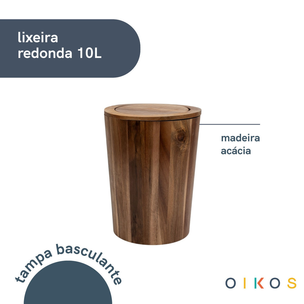 lixeira com tampa basculante 10L de madeira redonda vai e vem - oikos — imagem 2 de 2