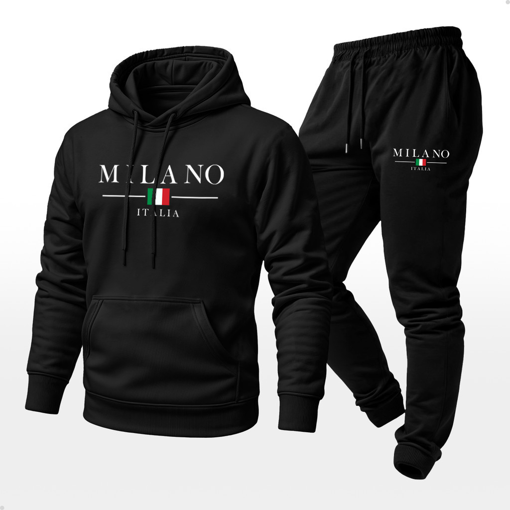 Conjunto Moletom Unissex Estampado Milano Itália Calça e Blusa Com Capuz Bolso Canguru