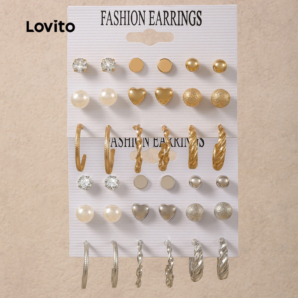 Lovito Conjunto De Brincos Elegantes Estilo Coreano Versátil Brincos Dourados LFA114099 · foto 2