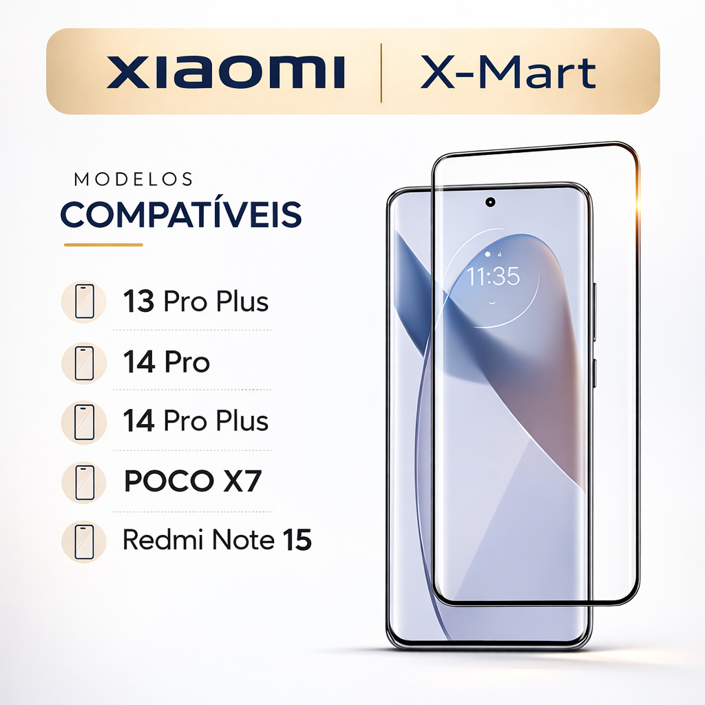 Película de Vidro 3d X-Mart 13 Pro Plus 14 Pro 14 Pro Plus POCO X7 Redmi Note 15 – Cobertura Total HD 9h