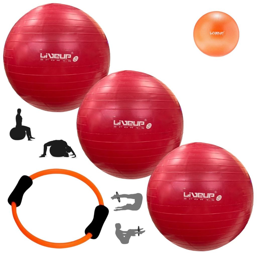 Kit Pilates Anel Flexível + Overball 25cm + 3 Bolas Suíças 45cm Yoga Treino Academia e Alongamento