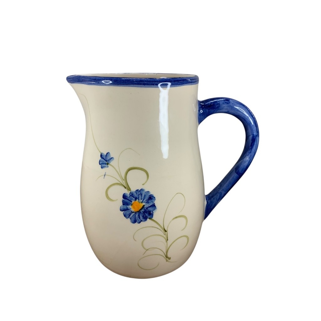 Jarra Leiteira Grande Feita de Cerâmica Flor Azul 1,45 Litros