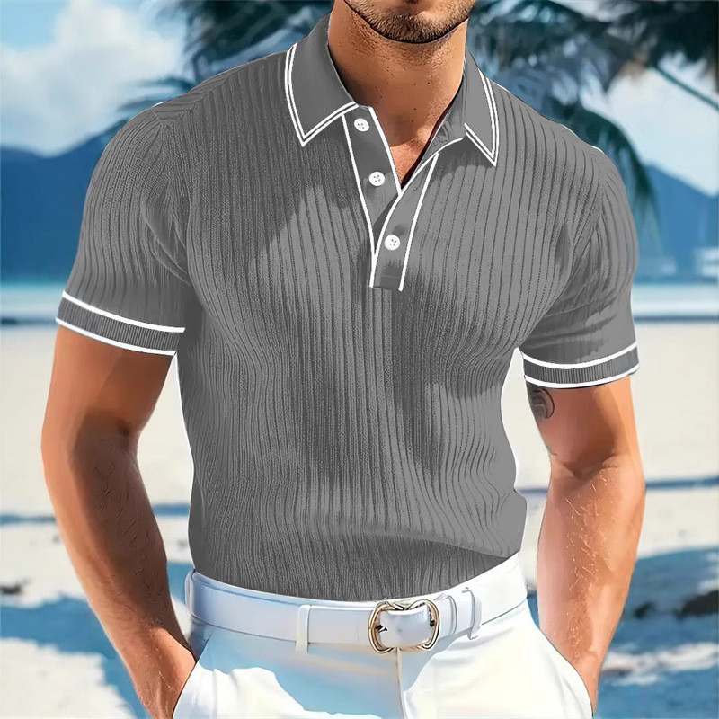 Camisa polo masculina de manga curta com bloqueio de cores e lapela listrada