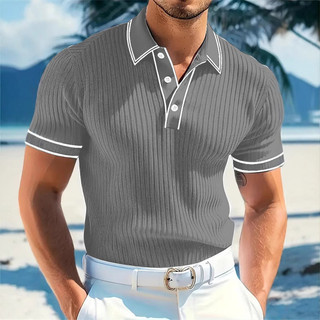 Camisa polo masculina de manga curta com bloqueio de cores e lapela listrada
