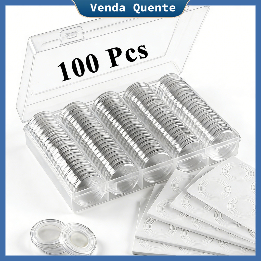 100 cápsulas de moedas, caixa de armazenamento de plástico, anti-poeira e antioxidação