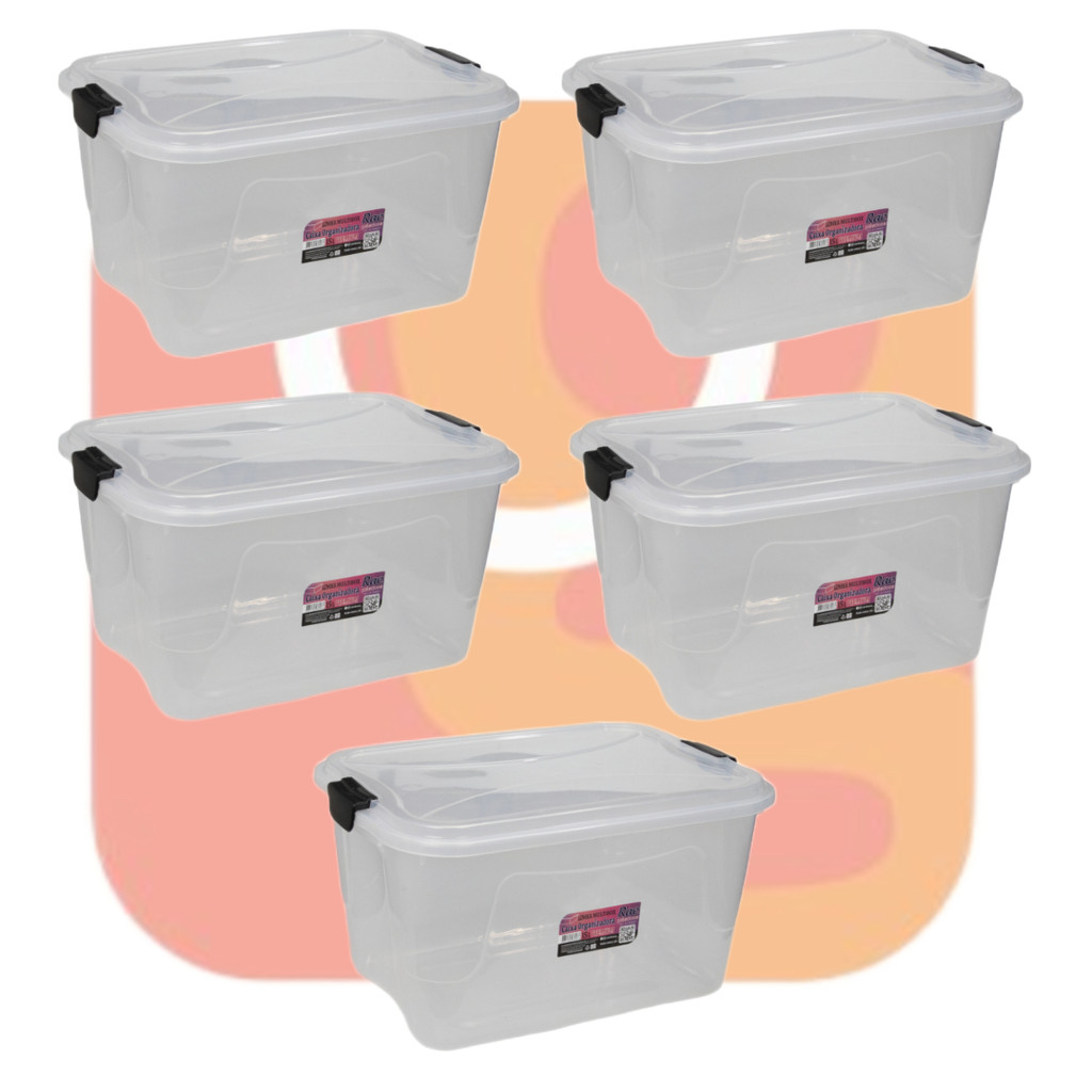 Kit 5 Caixa Organizadora Transparente Multibox 15L Com Tampa E Trava Resistente