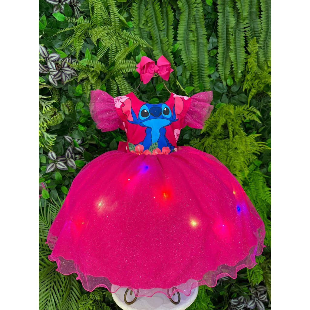 Vestido Infantil Menina Tematicos Lilo Stitch Pink com Led-Festa Aniversário Tema Lilo stitch