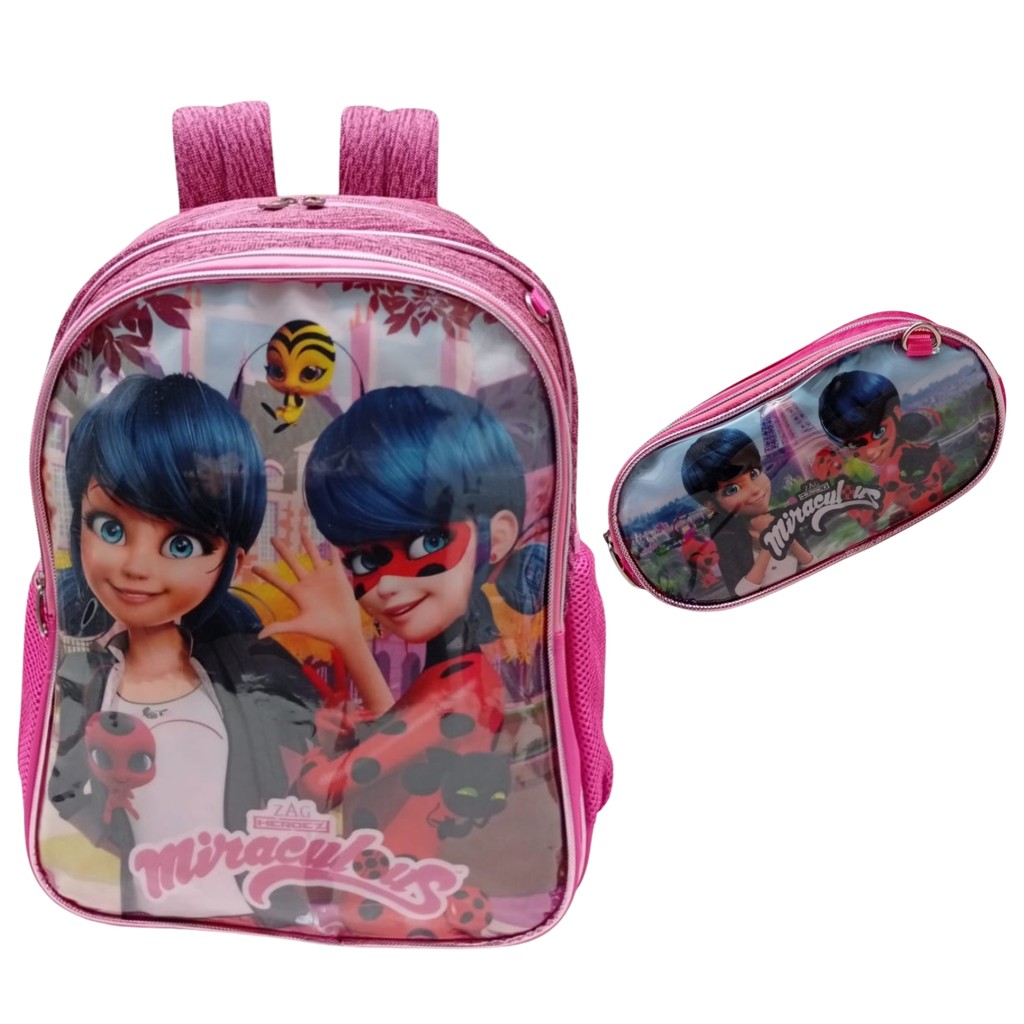 Kit Mochila de Costas Escolar Infantil  + Estojo Duplo MG53-18KIT Miraculous