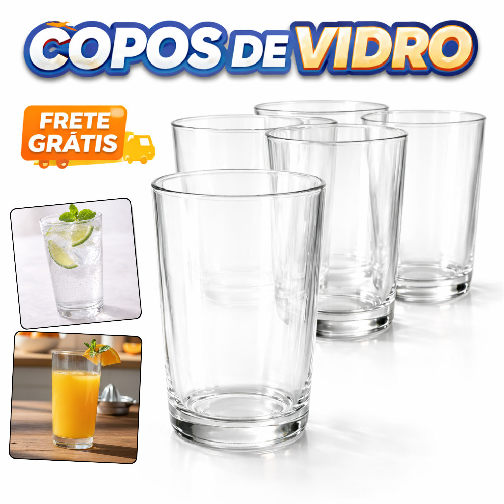 Kit Jogo de Copos de Vidro Transparente Até 12 Peças Água Suco Drink Resistente Elegante em Oferta na Shopee