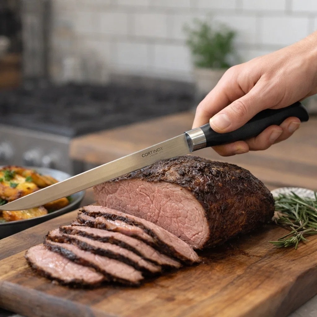 Faca Fatiadora Carne Descascador Cabo Preto Churrasco Amolada Presente Casa Desfiar Achadinhos
