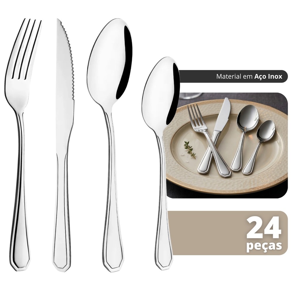 Faqueiro Jogo De Talheres 24 Peças Aço Inox Garfo Faca Colher Mesa Cozinha Faqueiro Premium Tippi