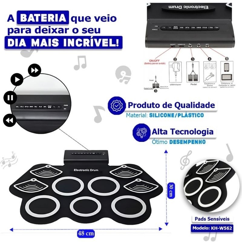 Bateria Eletrônica Musical 9 Pads 6 Drums 5 Metal 2 Pedais e 2 Baquetas Treino e Infantil
