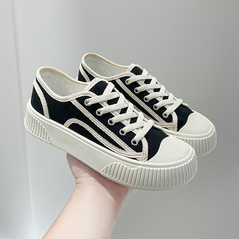 Women's Canvas Slippers Casual Lace-up Flat Shoes Half Slides Non-slip Sneakers 35-40 Sizes Black