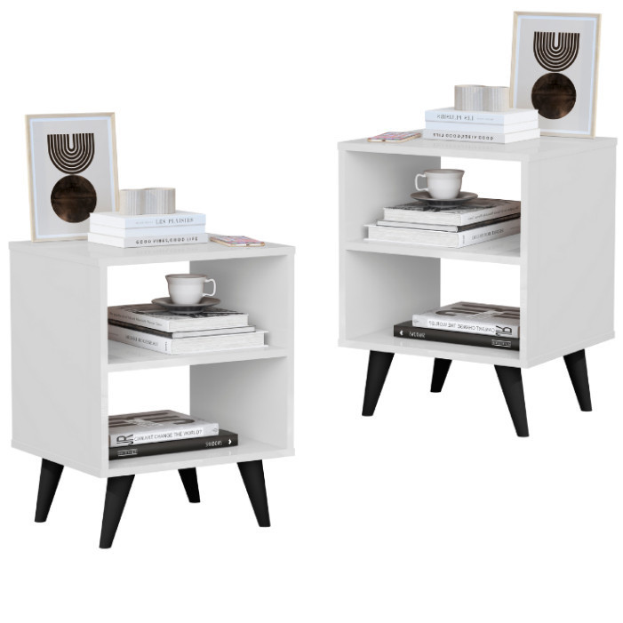 Kit com 2 Mesa de Cabeceira Encanto Nicho Organizador, pés retrô em PVC e Porta-Celular Max