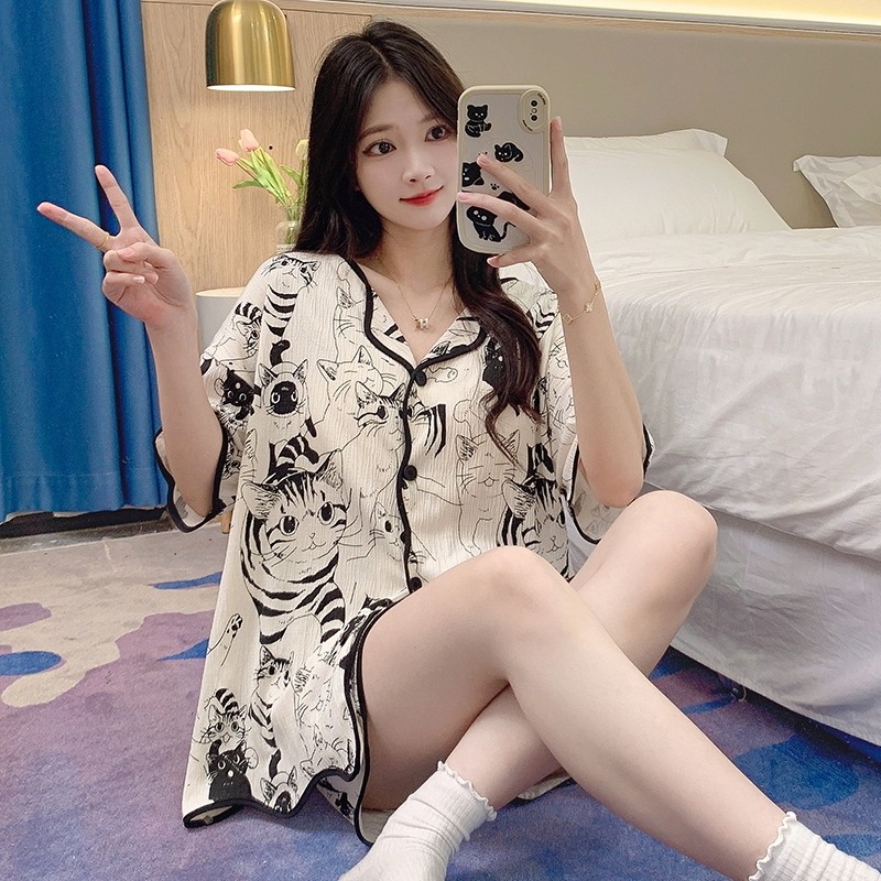 Imagem Senhoras sem almofada no peito Cardigan Shorts de manga curta pijamas conjunto solto confortável Loungewear conjunto de 