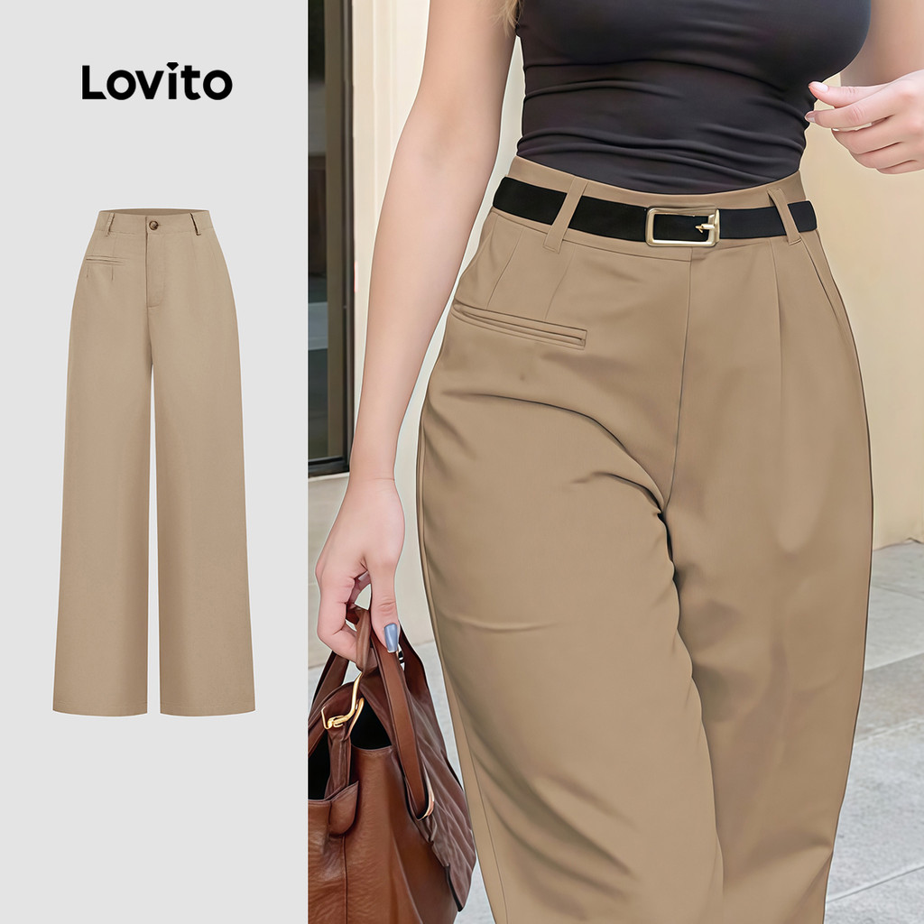 Lovito Calça Casual com Bolso Falso e Botão em Caqui para Mulheres L177AD144 em Oferta na Shopee