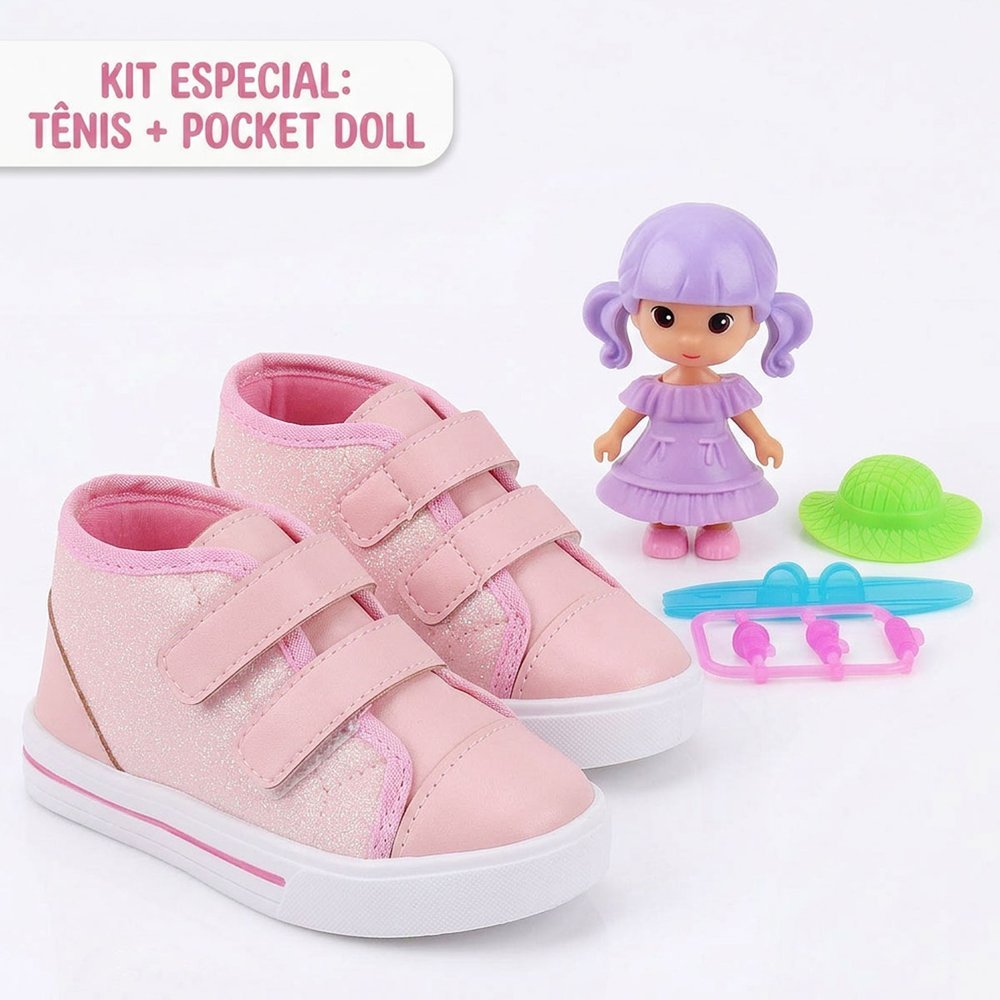 Kit Tênis Infantil Menina Bee Happy Rosa Glitter + Boneca Pocket Doll