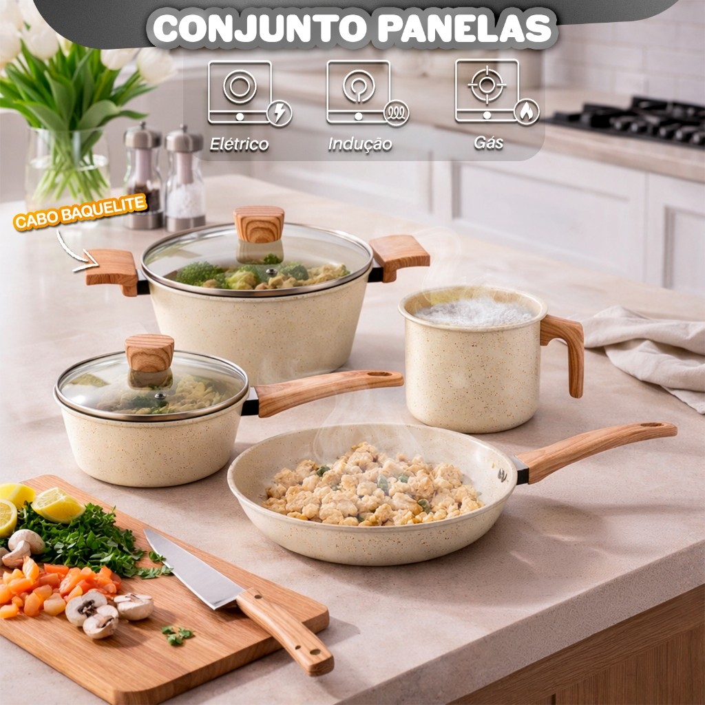Jogo De Panelas 4 Peças Indução Antiaderente Com Tampa Revestimento Cerâmico