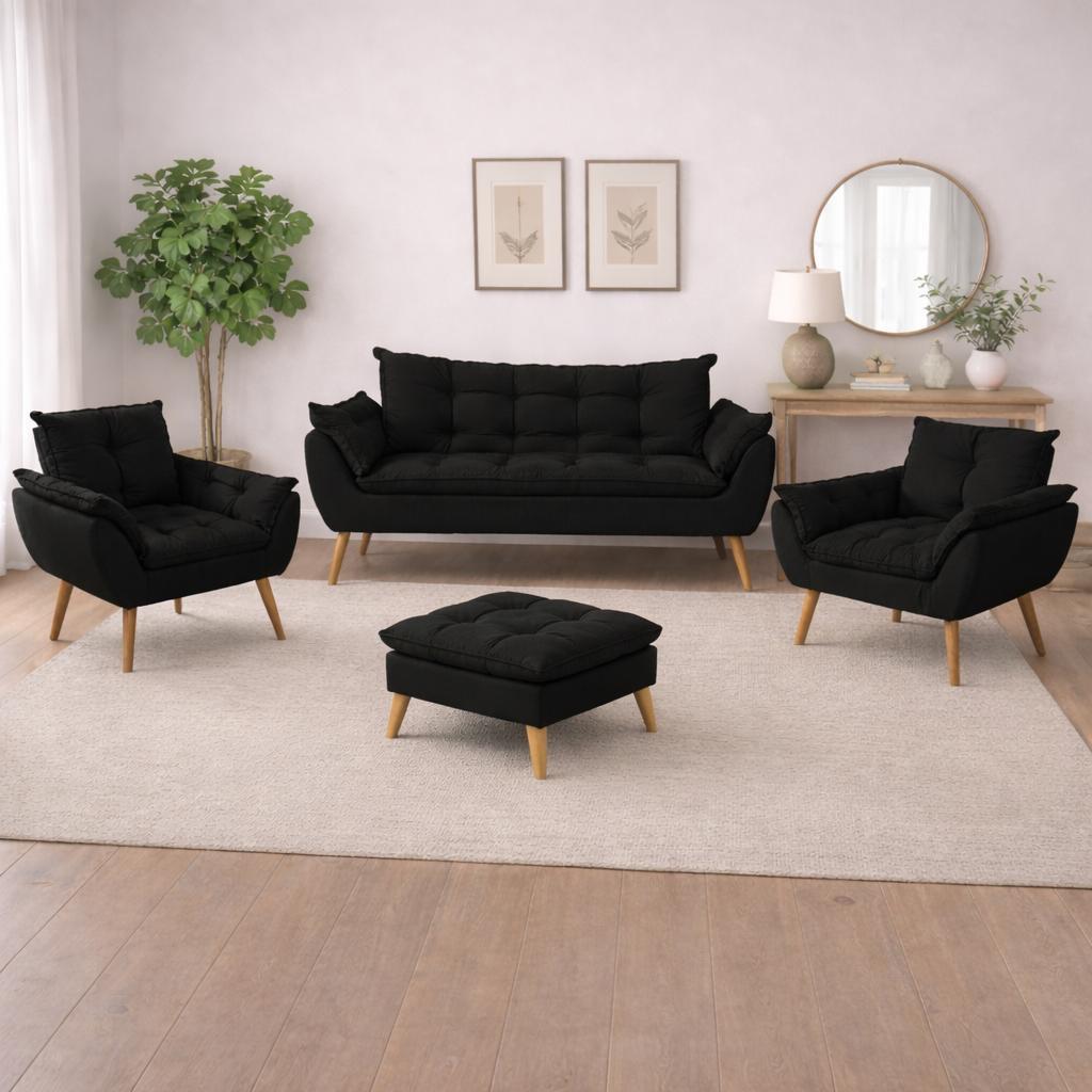 Kit 02 Poltronas + Sofá 2 lugares com Puff Opala Balaqui